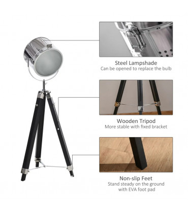 Floor Lamp Industrial Style Adjustable Tripod Silver Pinewood Steel