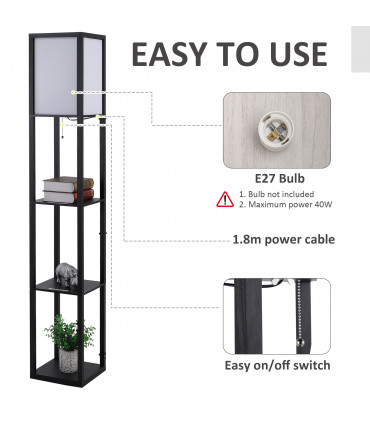 Floor Lamp, 4-tier Open Shelves, 26L x 26W x 160Hcm-Black/White Shelf