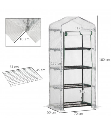 Greenhouse 4 Tier Mini, Portable Steel Frame, PE Cover, 160x69x50cm, White