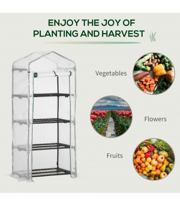 Greenhouse 4 Tier Mini, Portable Steel Frame, PE Cover, 160x69x50cm, White