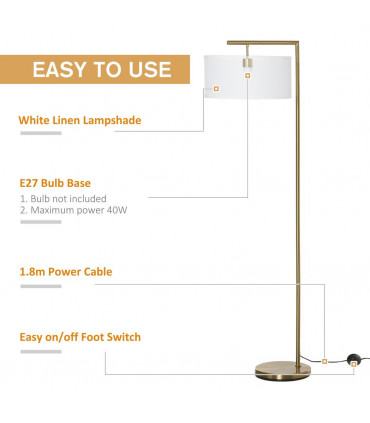 Floor Lamp with Linen Lampshade Round Base for Living Room Bedroom - White