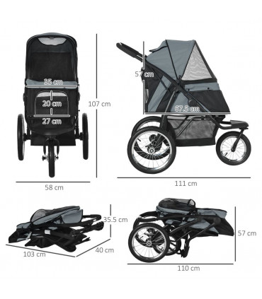 3 Wheel Pet Stroller, for Medium Small Dogs, Foldable Cat Pram - Grey