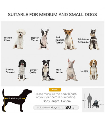 3 Wheel Pet Stroller, for Medium Small Dogs, Foldable Cat Pram - Grey