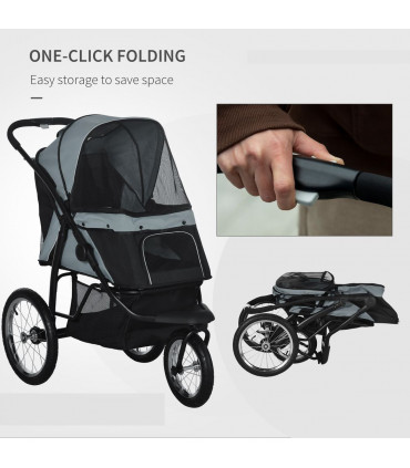 3 Wheel Pet Stroller, for Medium Small Dogs, Foldable Cat Pram - Grey