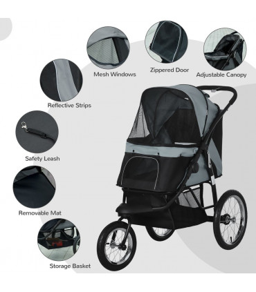 3 Wheel Pet Stroller, for Medium Small Dogs, Foldable Cat Pram - Grey