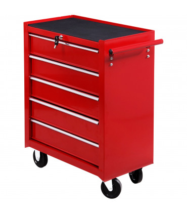 HOMCOM Tool Trolley with 5 Drawers Steel Tool Chest on Wheels with Handle Red