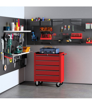 HOMCOM Tool Trolley with 5 Drawers Steel Tool Chest on Wheels with Handle Red