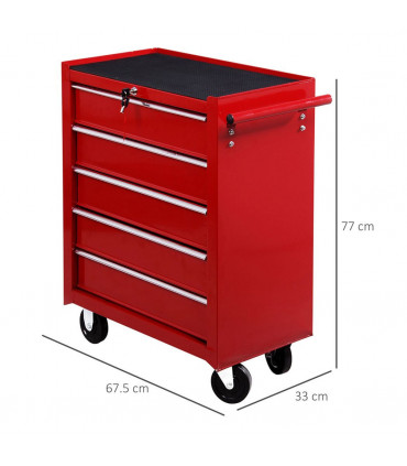 HOMCOM Tool Trolley with 5 Drawers Steel Tool Chest on Wheels with Handle Red
