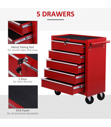 HOMCOM Tool Trolley with 5 Drawers Steel Tool Chest on Wheels with Handle Red