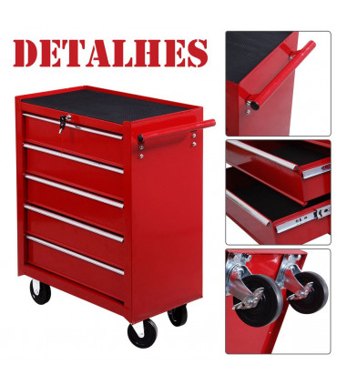 HOMCOM Tool Trolley with 5 Drawers Steel Tool Chest on Wheels with Handle Red