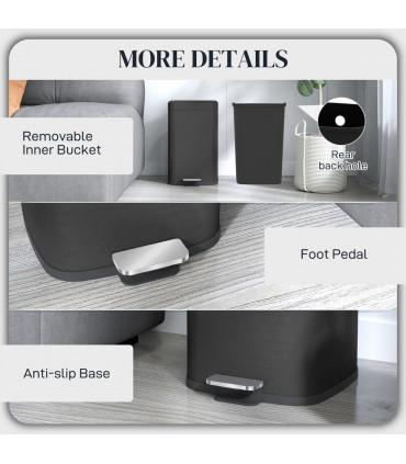 HOMCOM 20L Kitchen Pedal Bin, Metal Rubbish Bin with Soft-close Lid, Black
