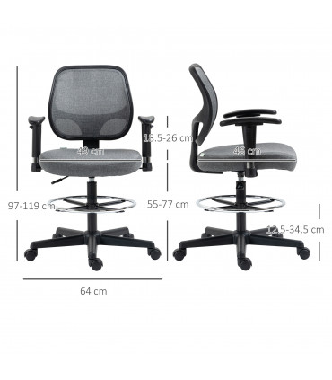 Drafting Chair Grey Tall Office Stand Desk Chair Foot Ring, Arm, Wheel Vinsetto
