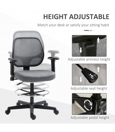 Drafting Chair Grey Tall Office Stand Desk Chair Foot Ring, Arm, Wheel Vinsetto