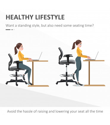 Drafting Chair Grey Tall Office Stand Desk Chair Foot Ring, Arm, Wheel Vinsetto