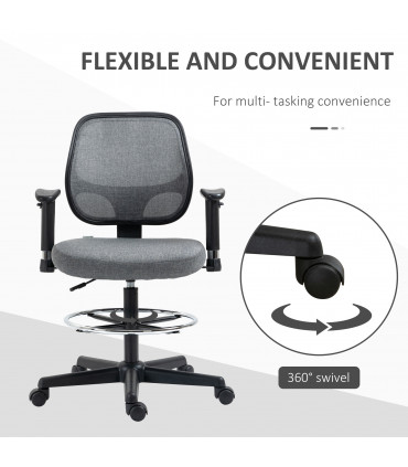 Drafting Chair Grey Tall Office Stand Desk Chair Foot Ring, Arm, Wheel Vinsetto