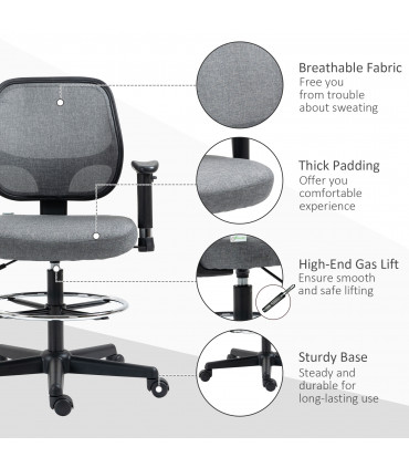 Drafting Chair Grey Tall Office Stand Desk Chair Foot Ring, Arm, Wheel Vinsetto
