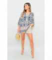 Top Navy M/L Boho Printed Tassel Tie Neck Long Sleeve Loose Tops Polyester