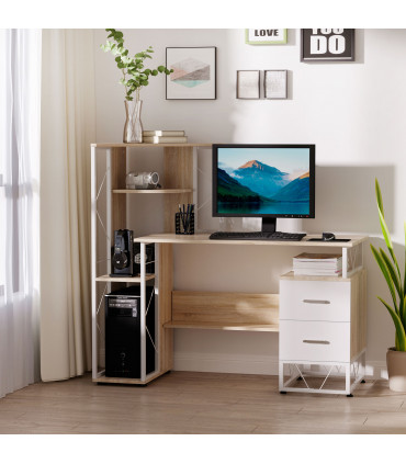 Workstation Computer Writing Desk W/2 Drawers Multi-Shelves-Oak/White
