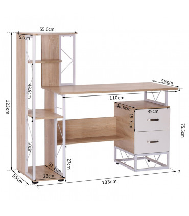 Workstation Computer Writing Desk W/2 Drawers Multi-Shelves-Oak/White
