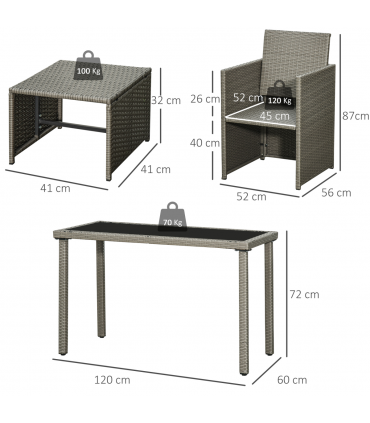 5 Pieces Rattan Garden Furniture Sofa Set w/ Table Chair Footrest Grey