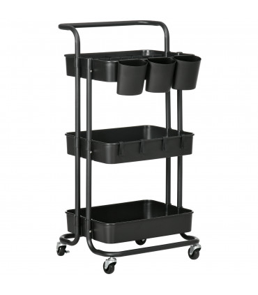 3-Tier Utility Cart, Serving Trolley with Mesh Baskets Removable Boxes, Black