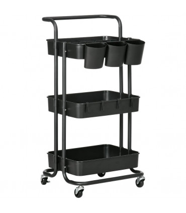 3-Tier Utility Cart, Serving Trolley with Mesh Baskets Removable Boxes, Black