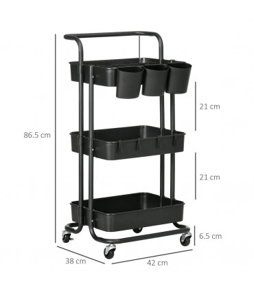 3-Tier Utility Cart, Serving Trolley with Mesh Baskets Removable Boxes, Black