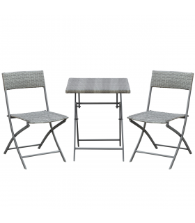 3PC   Bistro Set Rattan Furniture Garden Folding Chair Table Grey