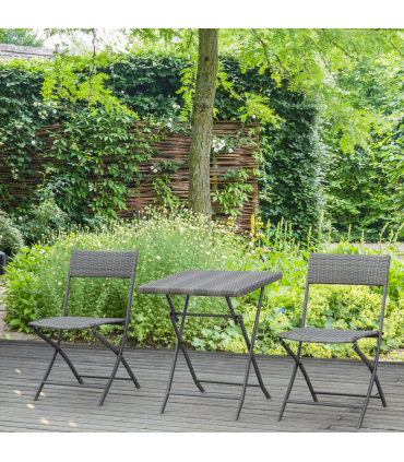 3PC   Bistro Set Rattan Furniture Garden Folding Chair Table Grey