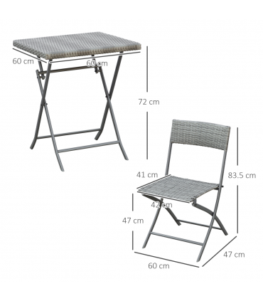 3PC   Bistro Set Rattan Furniture Garden Folding Chair Table Grey