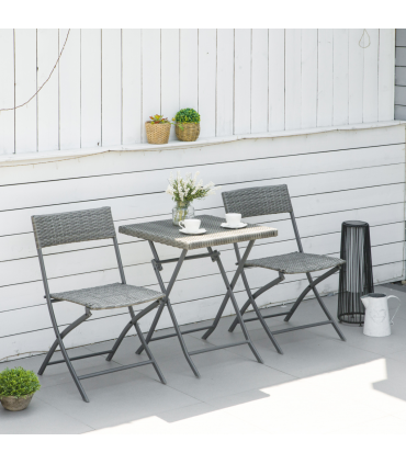 3PC   Bistro Set Rattan Furniture Garden Folding Chair Table Grey
