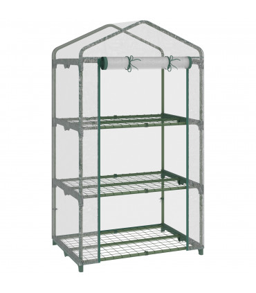 3 Tier Mini Greenhouse Roll Up Door Wire Shelves, 69x49x125cm, Clear