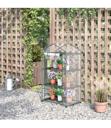 3 Tier Mini Greenhouse Roll Up Door Wire Shelves, 69x49x125cm, Clear