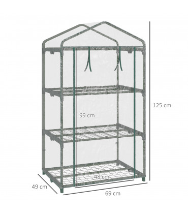 3 Tier Mini Greenhouse Roll Up Door Wire Shelves, 69x49x125cm, Clear