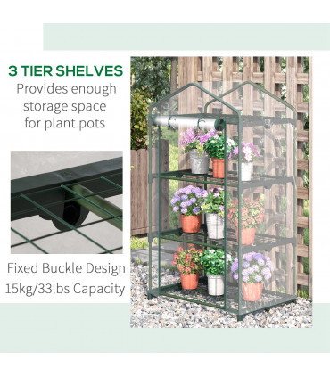 3 Tier Mini Greenhouse Roll Up Door Wire Shelves, 69x49x125cm, Clear