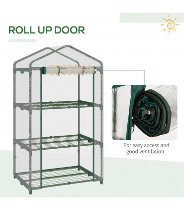 3 Tier Mini Greenhouse Roll Up Door Wire Shelves, 69x49x125cm, Clear