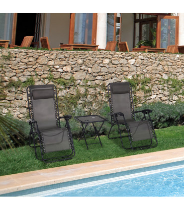 3PC Zero Gravity Chairs Sun Lounger Table Set Cup Holders Dark Grey Outsunny