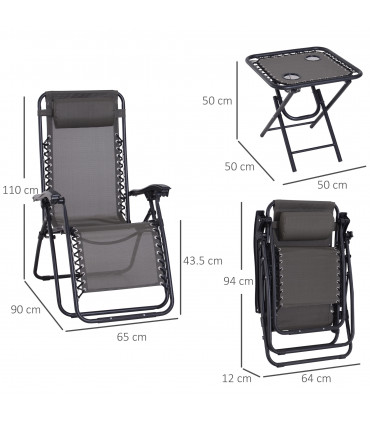 3PC Zero Gravity Chairs Sun Lounger Table Set Cup Holders Dark Grey Outsunny