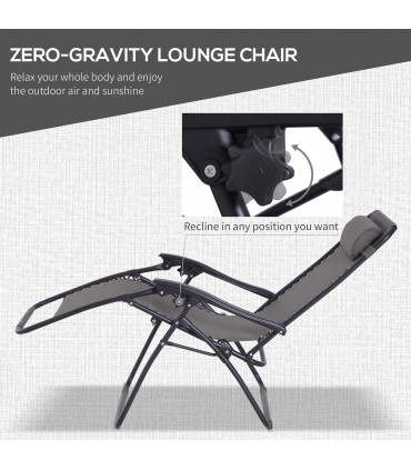 3PC Zero Gravity Chairs Sun Lounger Table Set Cup Holders Dark Grey Outsunny