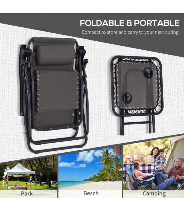 3PC Zero Gravity Chairs Sun Lounger Table Set Cup Holders Dark Grey Outsunny