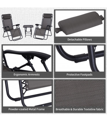3PC Zero Gravity Chairs Sun Lounger Table Set Cup Holders Dark Grey Outsunny