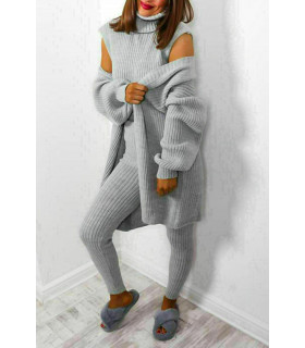 Ladies 3 Piece Suit Roll Neck Chunky Knitted Ribbed Tracksuit Lounge Set