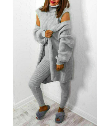 Ladies 3 Piece Suit Roll Neck Chunky Knitted Ribbed Tracksuit Lounge Set