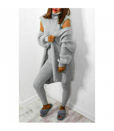 Ladies 3 Piece Suit Roll Neck Chunky Knitted Ribbed Tracksuit Lounge Set