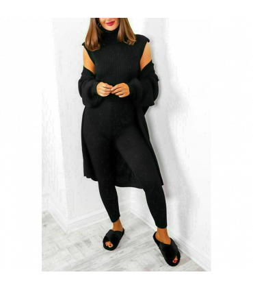 Ladies 3 Piece Suit Roll Neck Chunky Knitted Ribbed Tracksuit Lounge Set