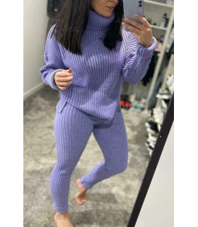 Ladies Chunky Knitted Ribbed Polo High Neck Top Leggings Loungewear Suit Set