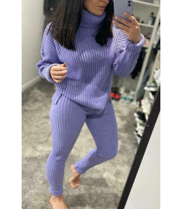 Ladies Chunky Knitted Ribbed Polo High Neck Top Leggings Loungewear Suit Set
