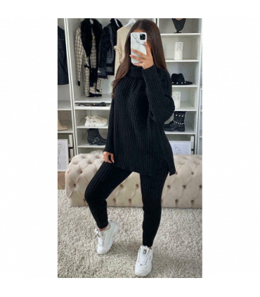 Ladies Chunky Knitted Ribbed Polo High Neck Top Leggings Loungewear Suit Set