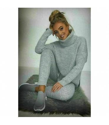Ladies Chunky Knitted Ribbed Polo High Neck Top Leggings Loungewear Suit Set