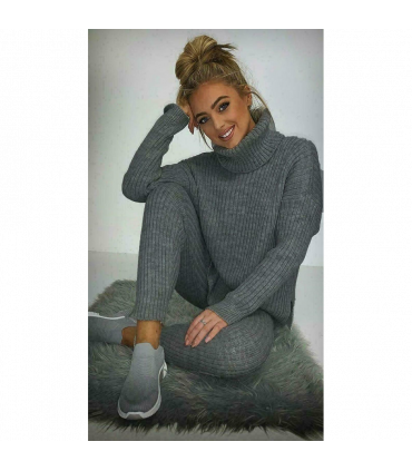 Ladies Chunky Knitted Ribbed Polo High Neck Top Leggings Loungewear Suit Set